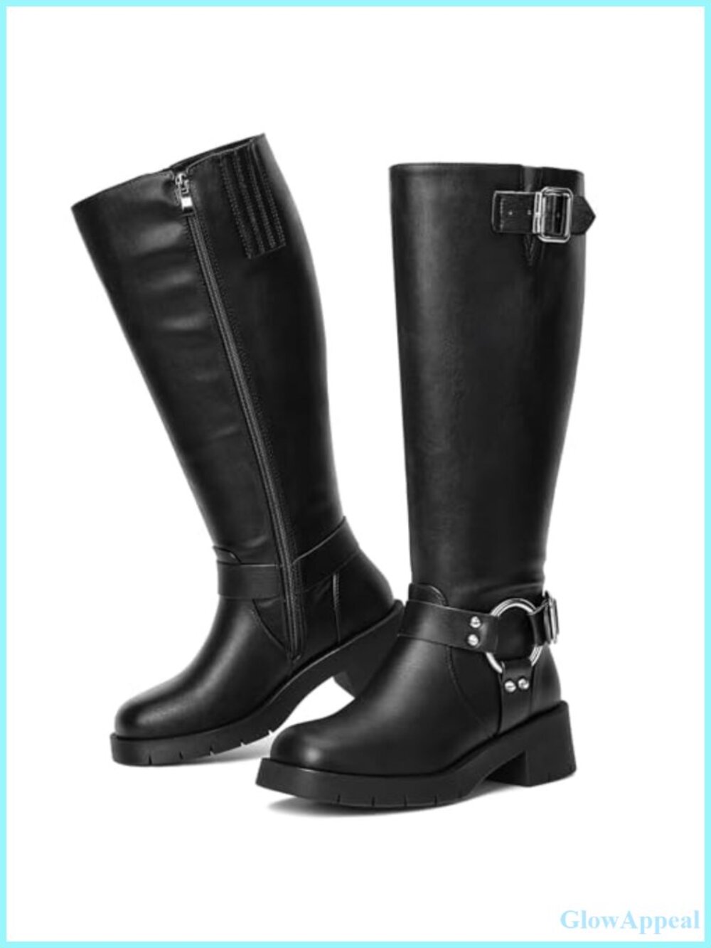 Wide Calf Knee High Boots for Women Square Toe Faux Leather Platform